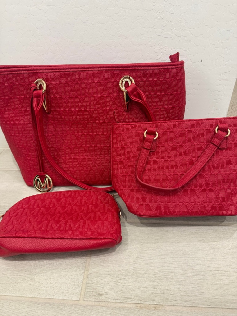 Michael Kors Red 3-Piece Tote, Shoulder Bag & Pouch Set